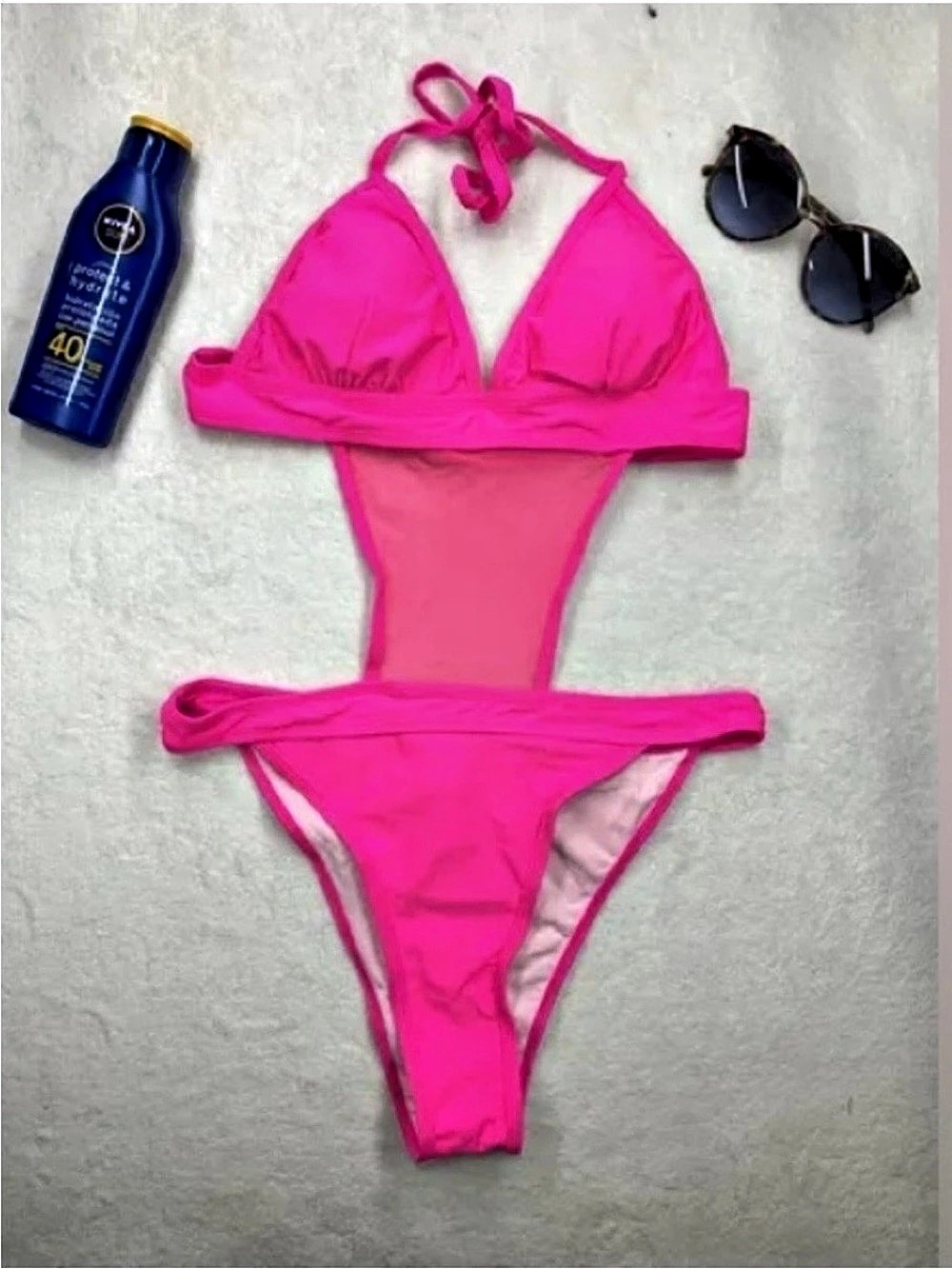 Neon Pink Monokini Swimsuit Size L Mesh Cutout Halter One Piece NWOT